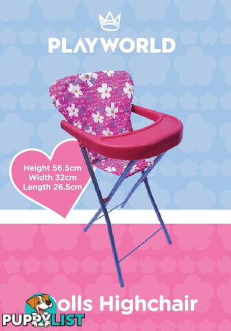 Playworld - Dolls Toy Highchair Pink Art64740 - 9329011709667