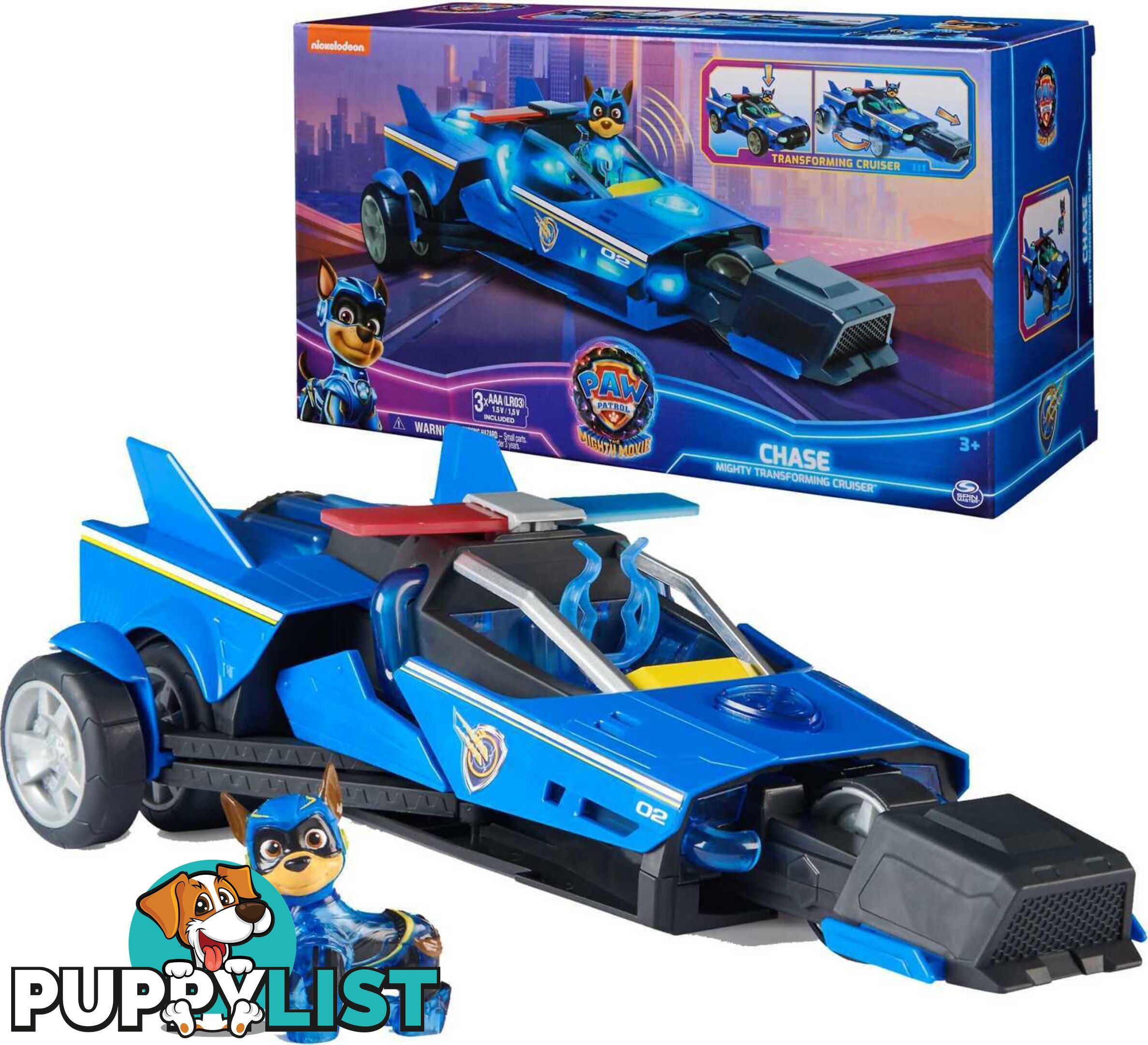 Paw Patrol - The Mighty Movie Chaseâ€™s Mighty Transforming Cruiser with Action Figure Lights And Sounds - Spin Master - Si6066584 - 778988457887