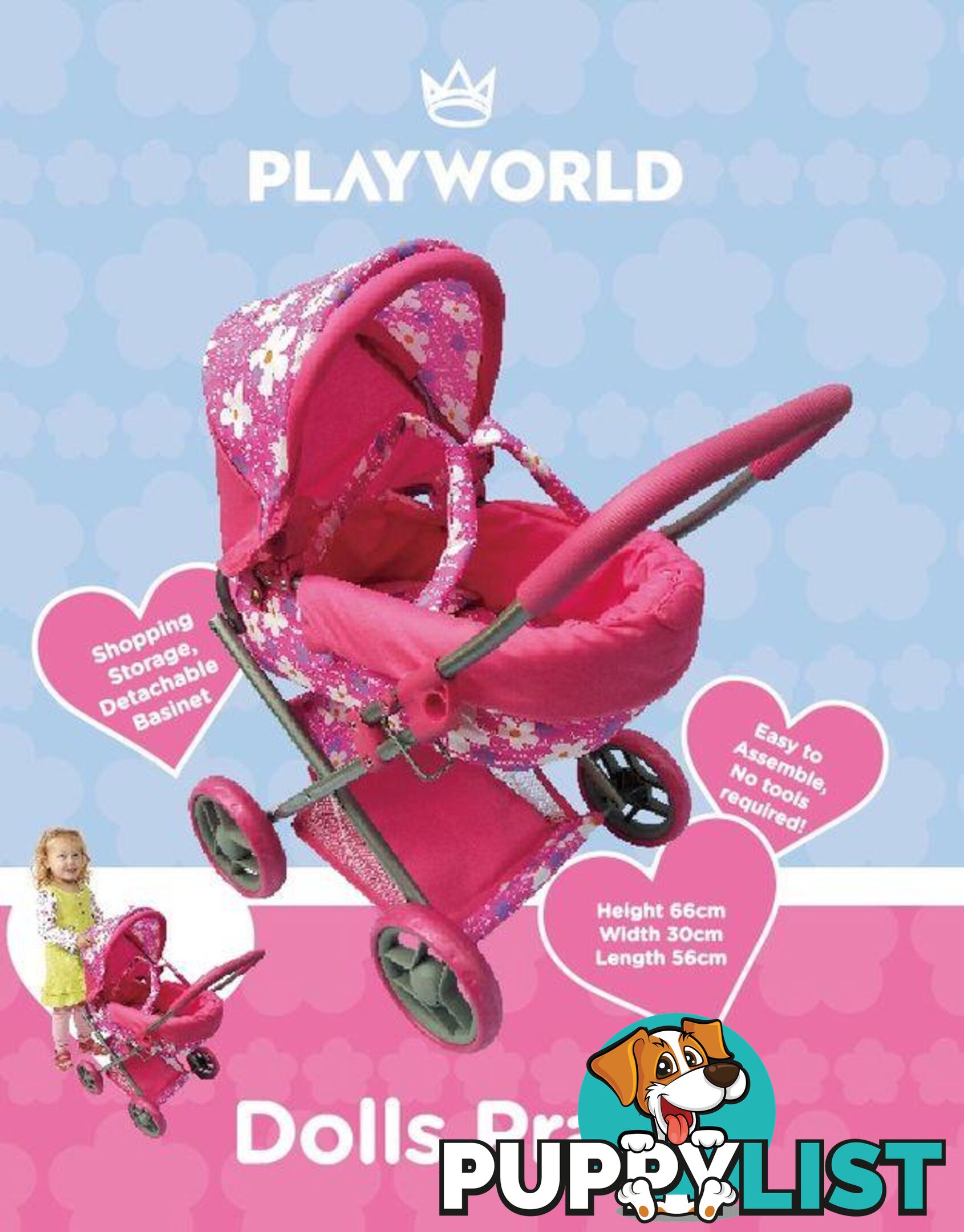 Playworld - Doll Toy Pram Medium Pink Art64743 - 9329011709704