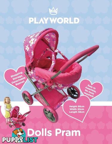 Playworld - Doll Toy Pram Medium Pink Art64743 - 9329011709704