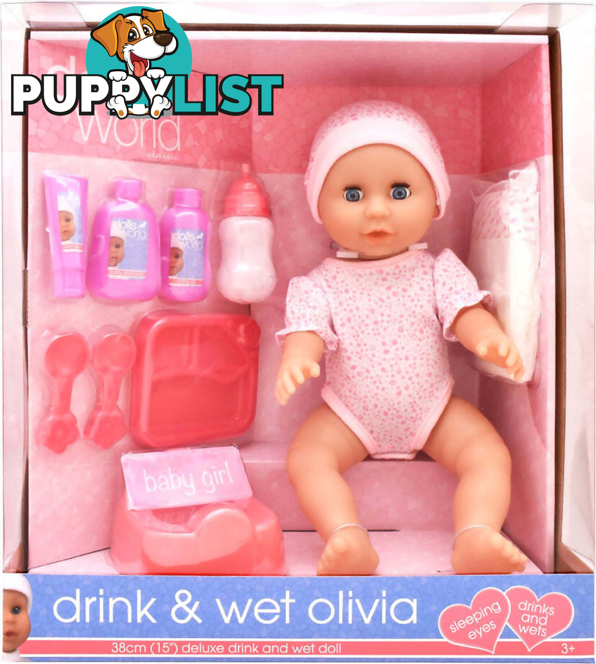 Dollsworld - Drink & Wet Olivia 38cm Deluxe Drink And Wet Doll - Art66184 - 5018621605820