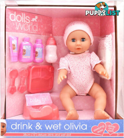 Dollsworld - Drink & Wet Olivia 38cm Deluxe Drink And Wet Doll - Art66184 - 5018621605820