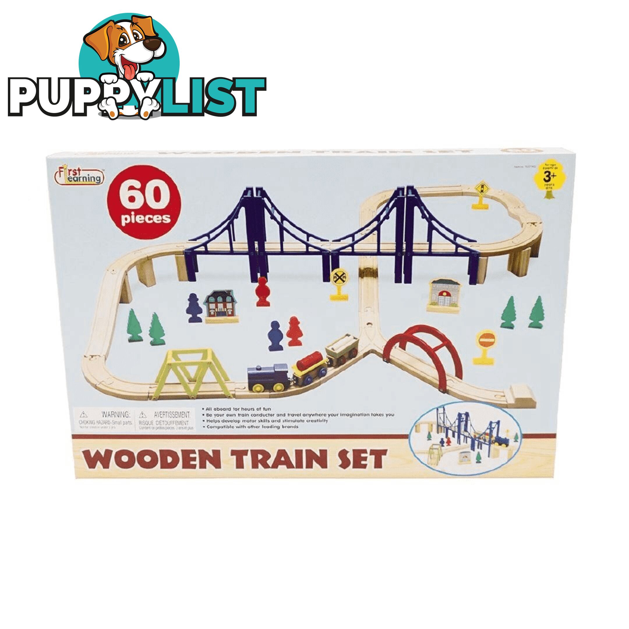 Wooden Train Set With Bridge 60 Pieces Art55626 - 834162000093