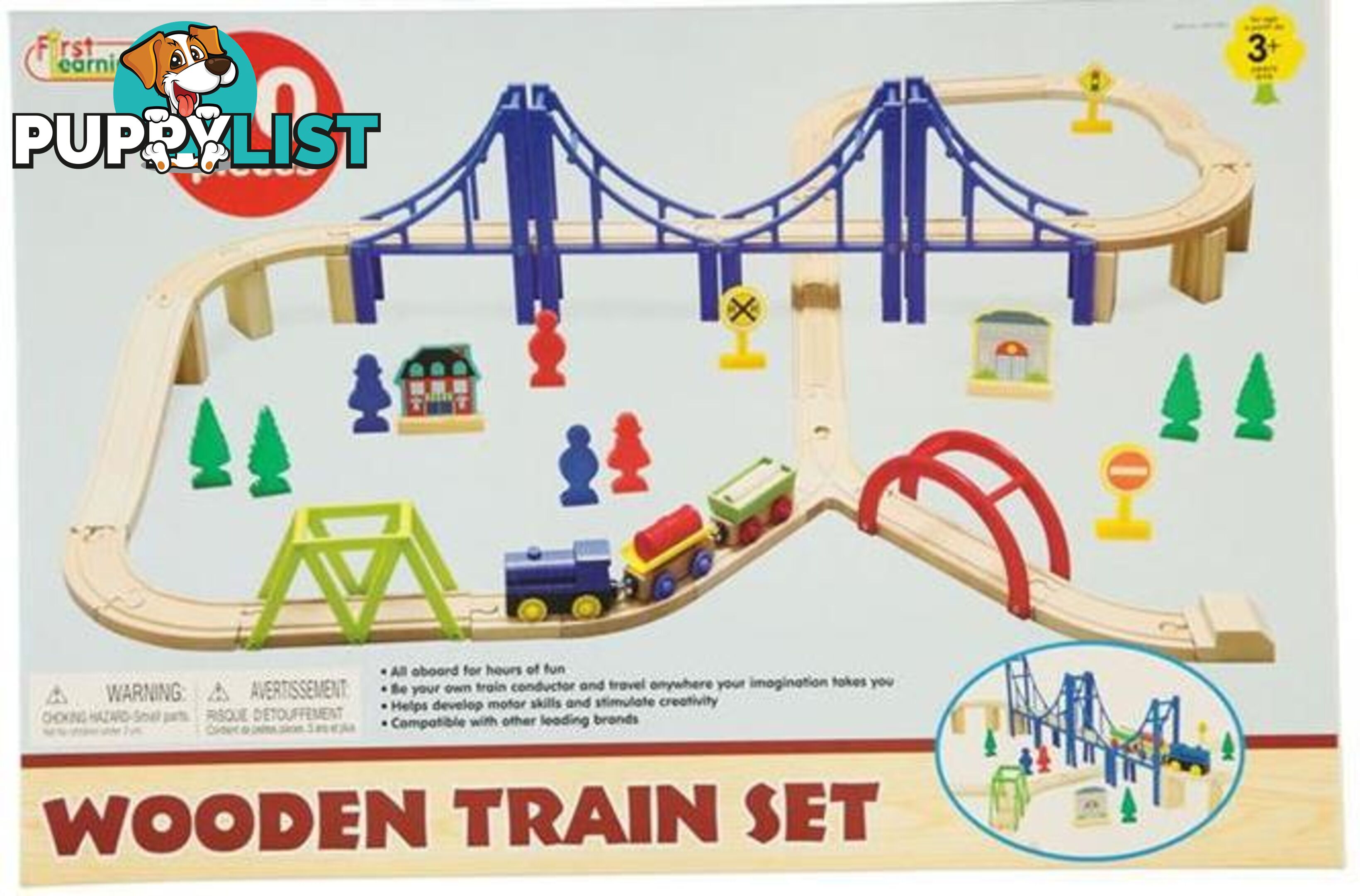 Wooden Train Set With Bridge 60 Pieces Art55626 - 834162000093