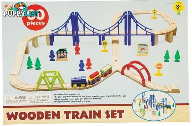 Wooden Train Set With Bridge 60 Pieces Art55626 - 834162000093