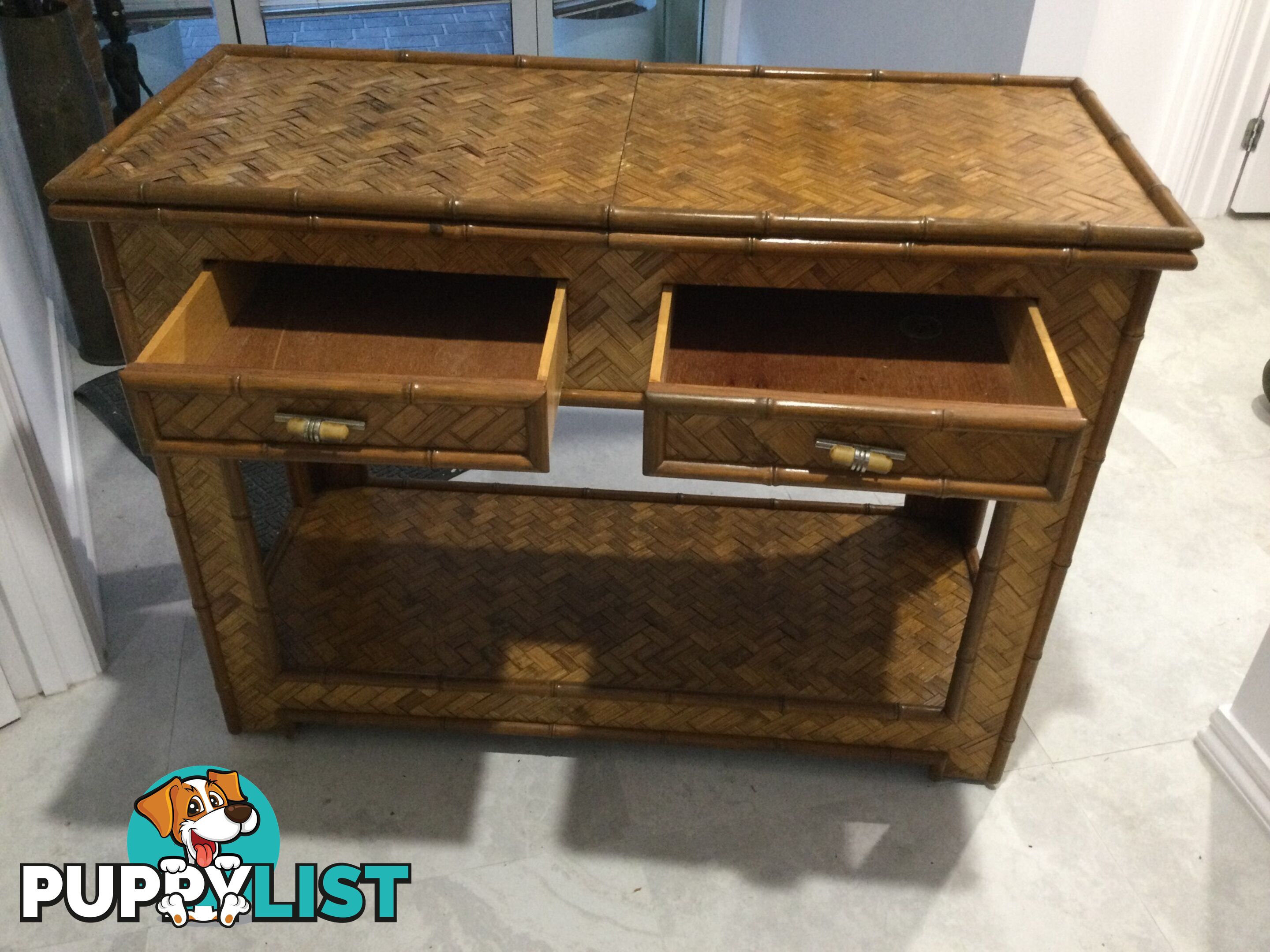 Vintage Bamboo Bar/Side Table on Wheels