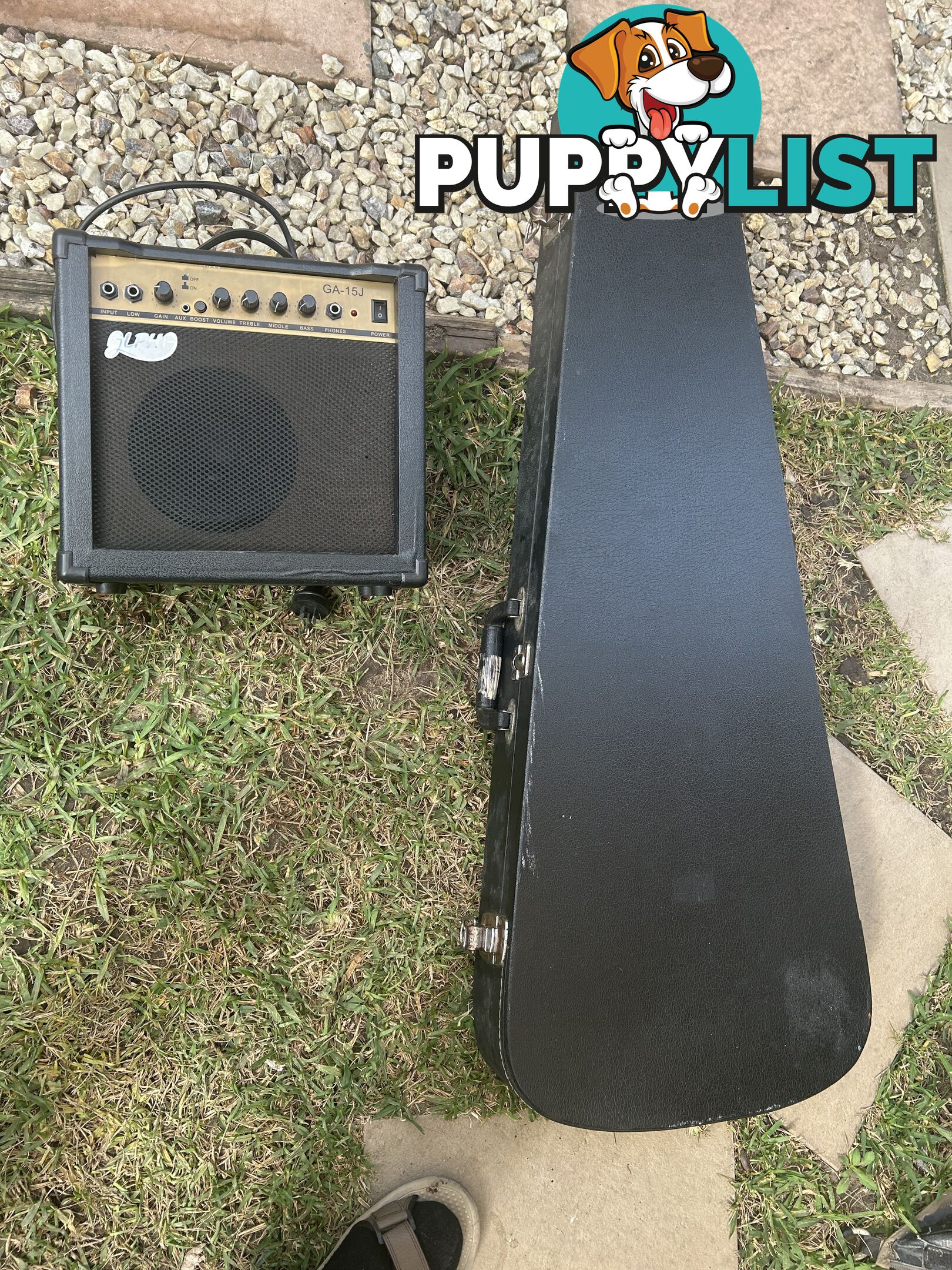 Electric guitar, small amp and hard case