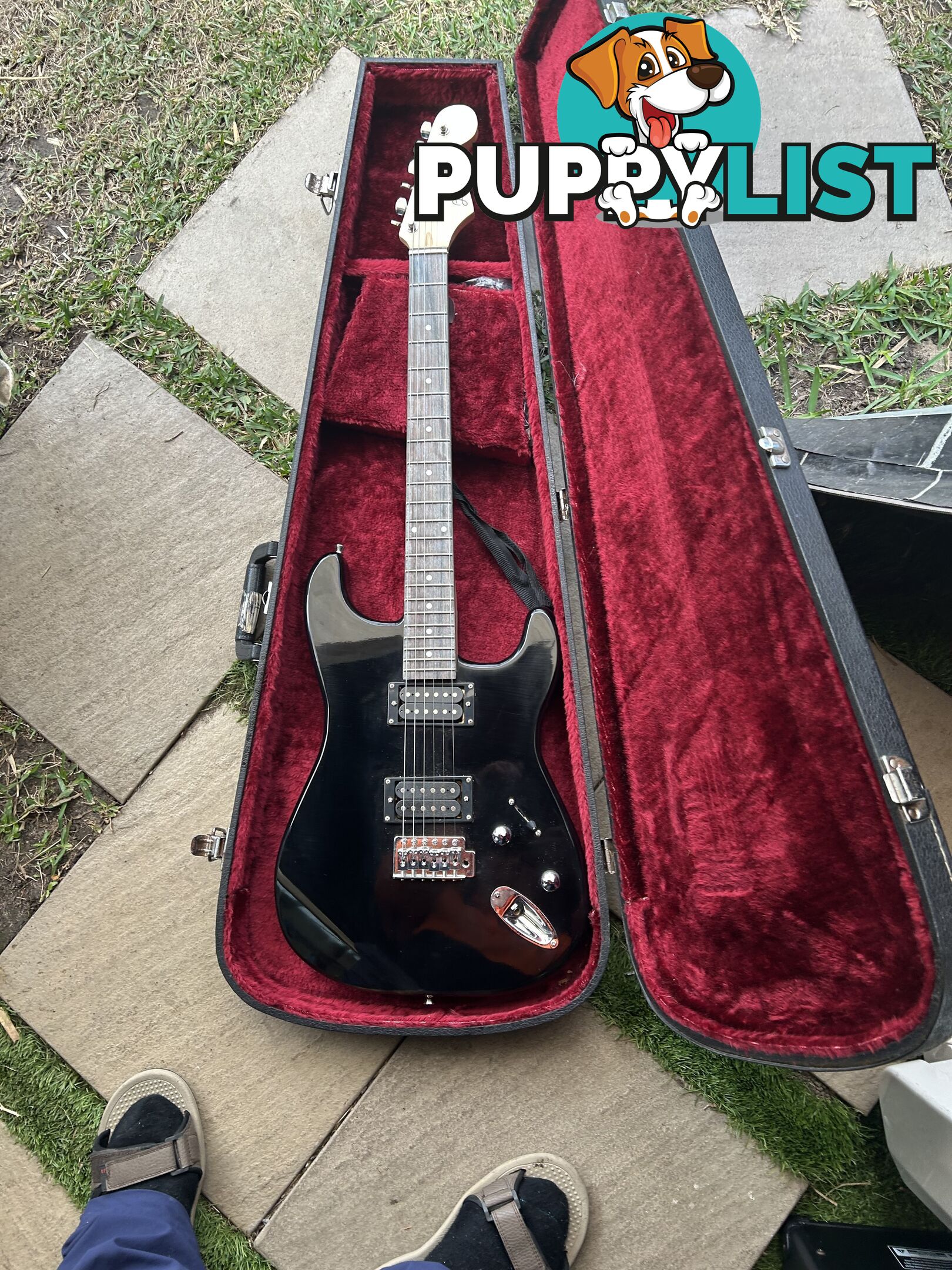 Electric guitar, small amp and hard case