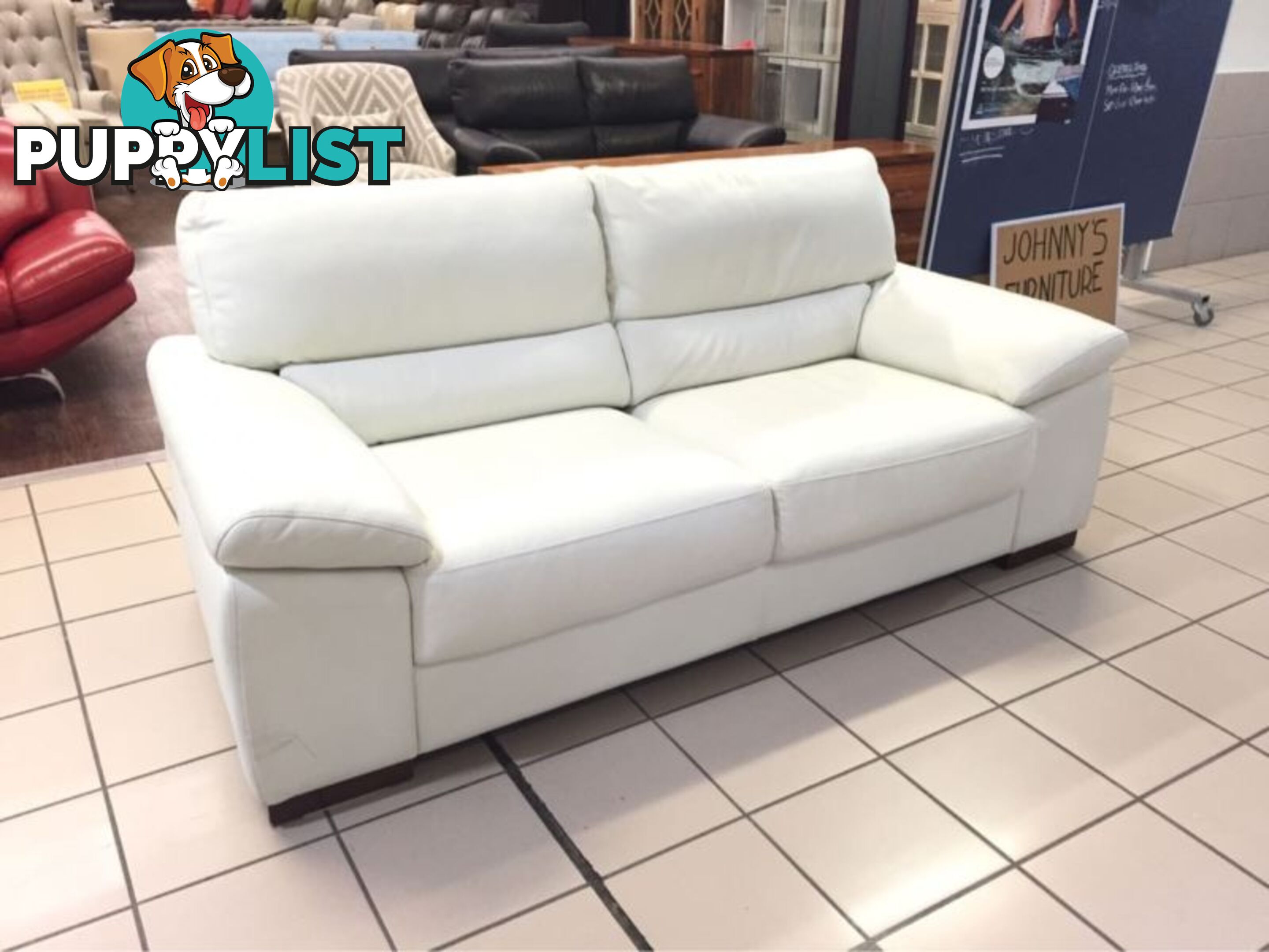 CLEARANCE 100% THICK COWHIDE LEATHER - JOHNSON 2.5 SEATER WHITE