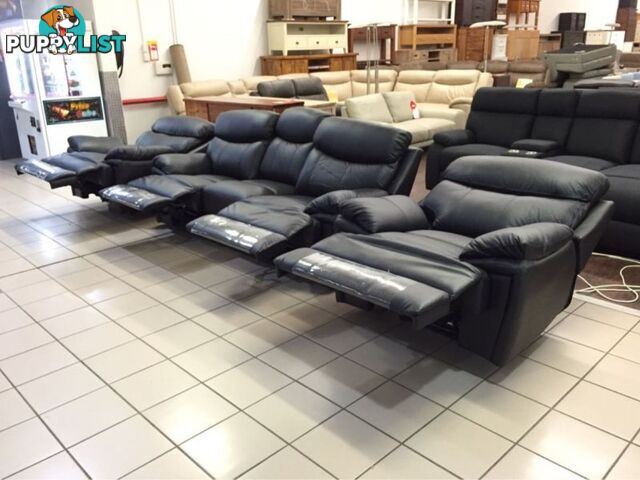 CLEARANCE GENUINE LEATHER 3 SEATER + 2 SINGLE RECLINERS (BLACK)