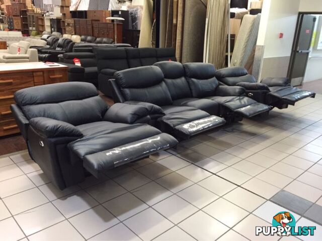 CLEARANCE GENUINE LEATHER 3 SEATER + 2 SINGLE RECLINERS (BLACK)