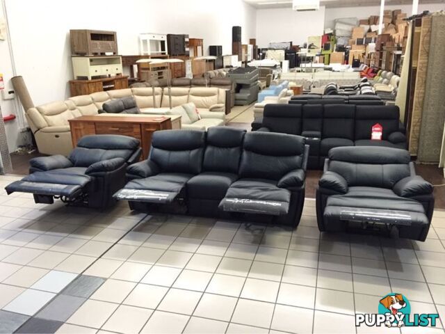 CLEARANCE GENUINE LEATHER 3 SEATER + 2 SINGLE RECLINERS (BLACK)