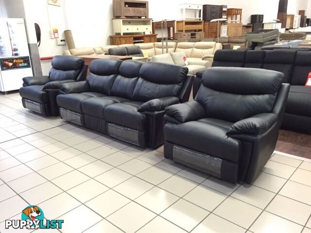 CLEARANCE GENUINE LEATHER 3 SEATER + 2 SINGLE RECLINERS (BLACK)