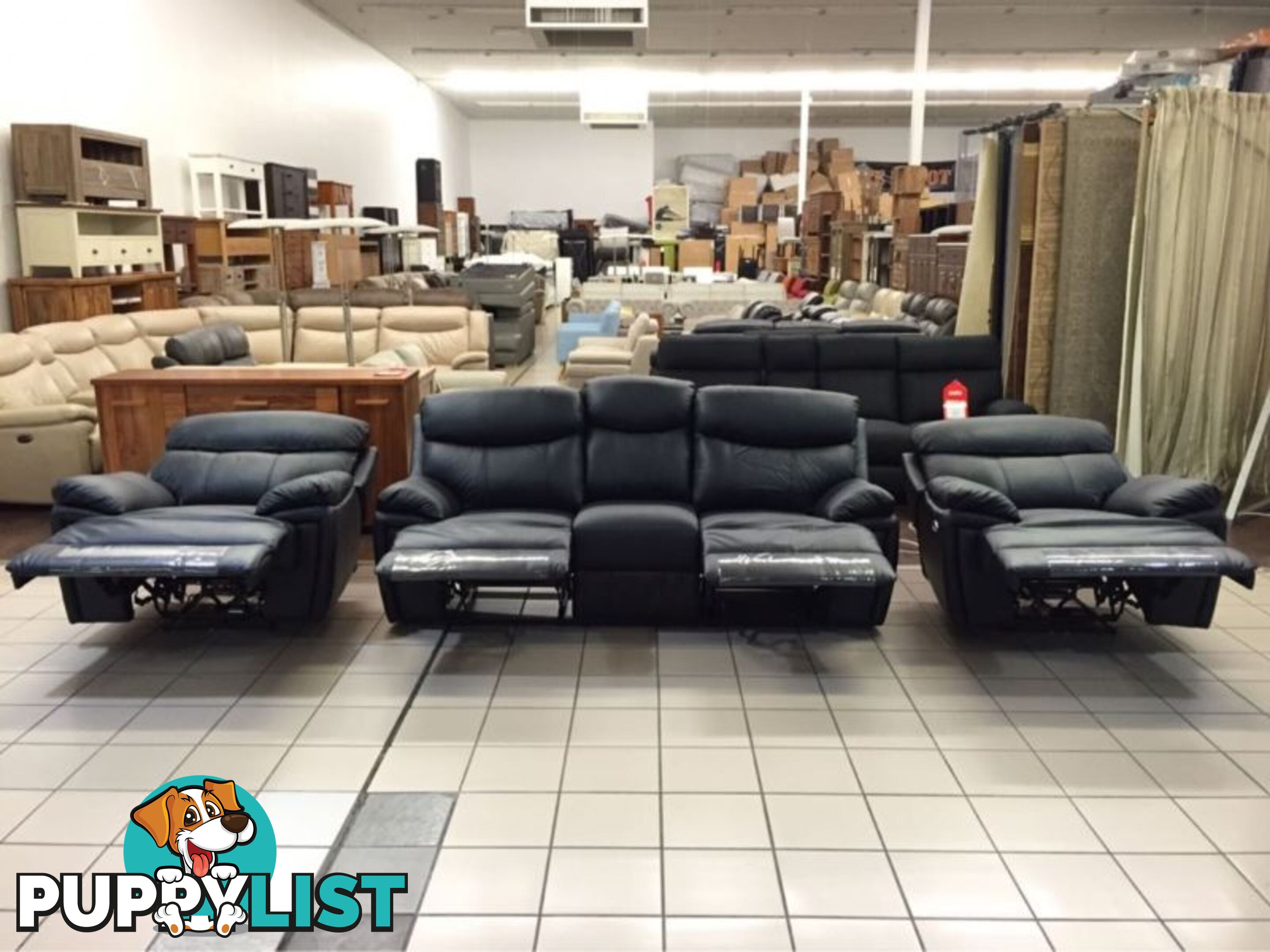 CLEARANCE GENUINE LEATHER 3 SEATER + 2 SINGLE RECLINERS (BLACK)