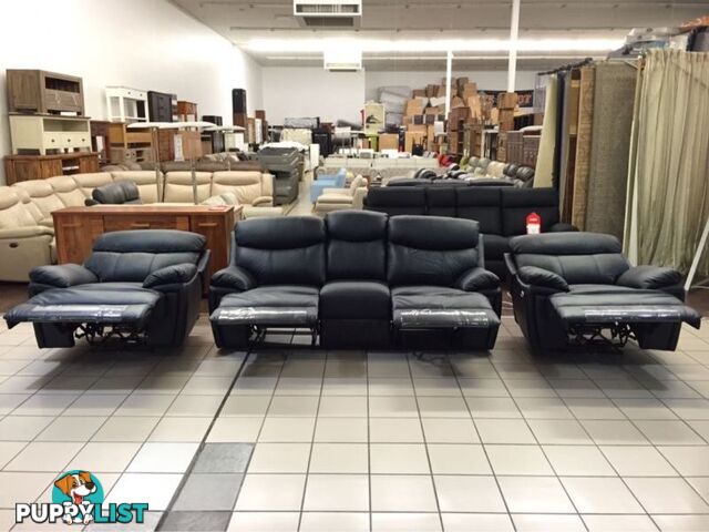 CLEARANCE GENUINE LEATHER 3 SEATER + 2 SINGLE RECLINERS (BLACK)