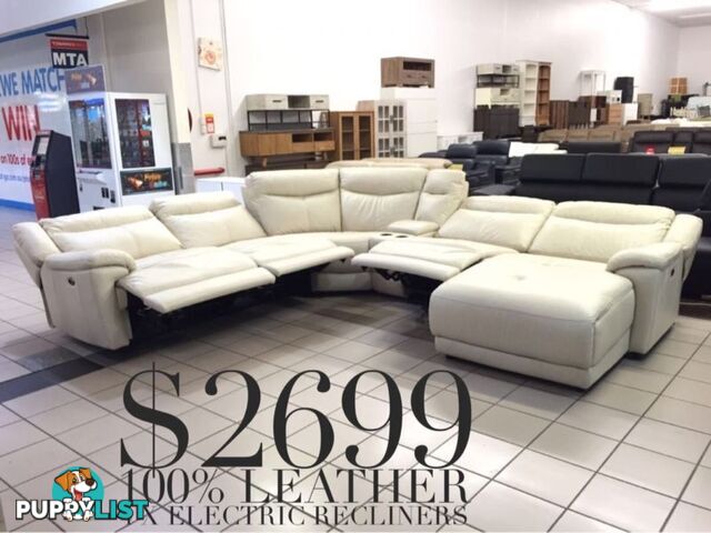 100% LEATHER LOUNGES - FACTORY SECOND, EX DISPLAY...