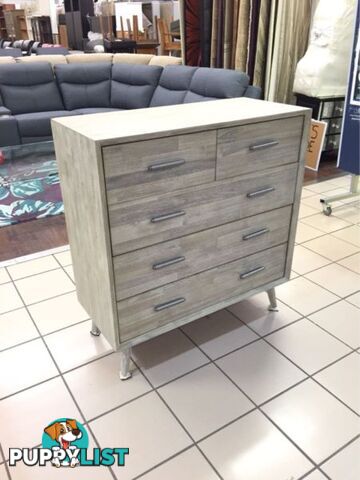 CLEARANCE - SEATTLE TALLBOY 5 DRAWERS - ACACIA LIGHT GREY