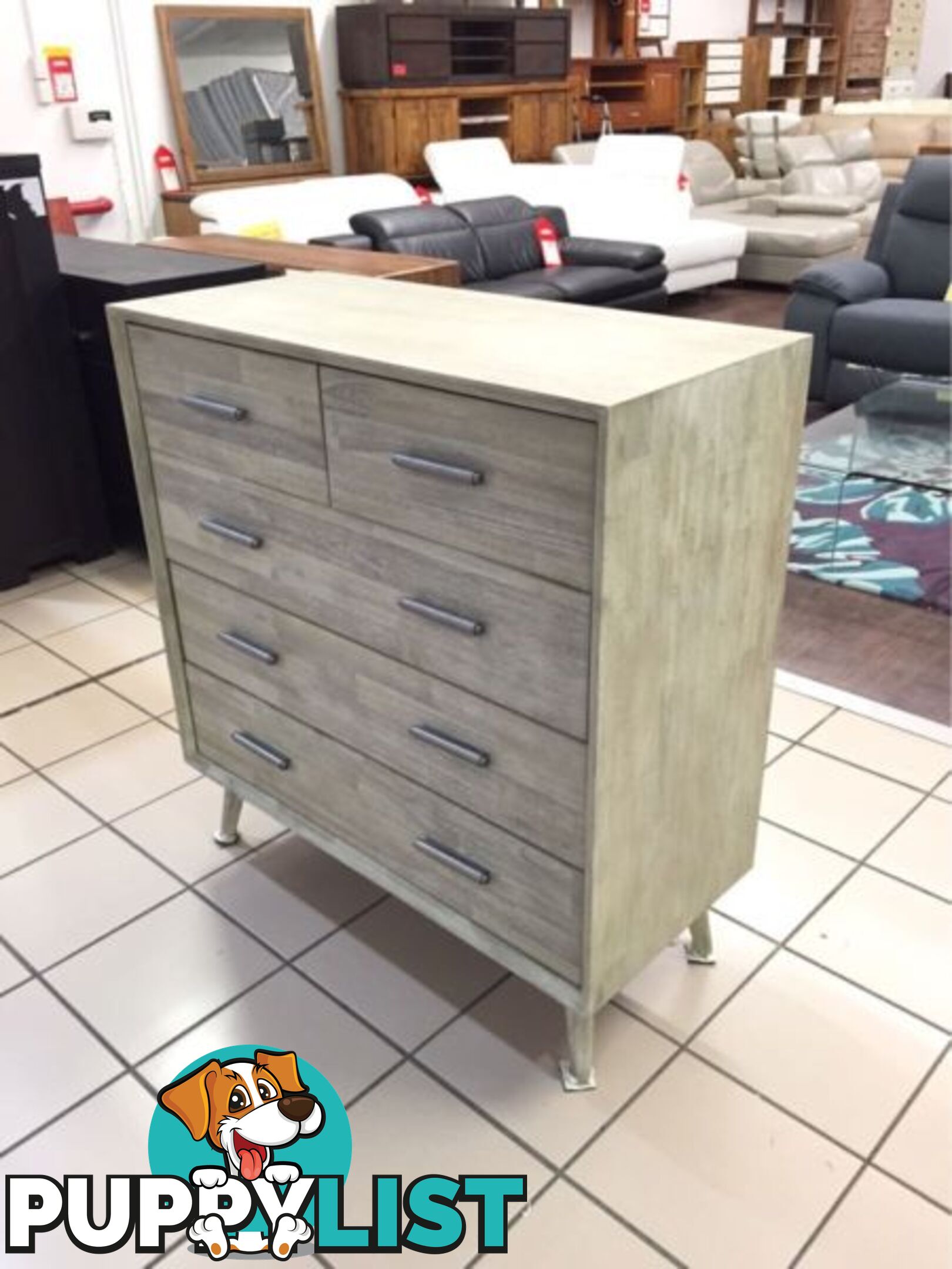 CLEARANCE - SEATTLE TALLBOY 5 DRAWERS - ACACIA LIGHT GREY