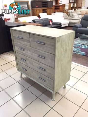 CLEARANCE - SEATTLE TALLBOY 5 DRAWERS - ACACIA LIGHT GREY