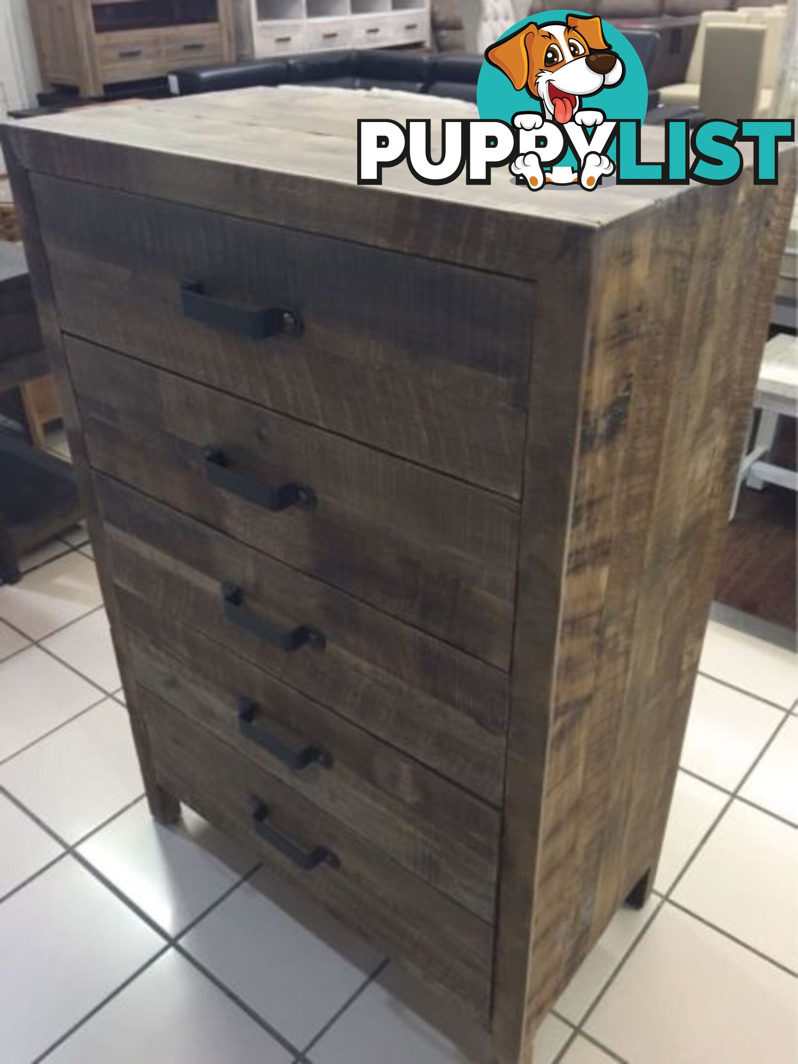 BRAND NEW - 5 DRAWER TALLBOY RECYCLED TIMBER