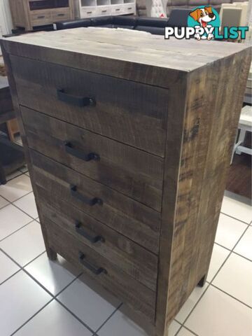 BRAND NEW - 5 DRAWER TALLBOY RECYCLED TIMBER