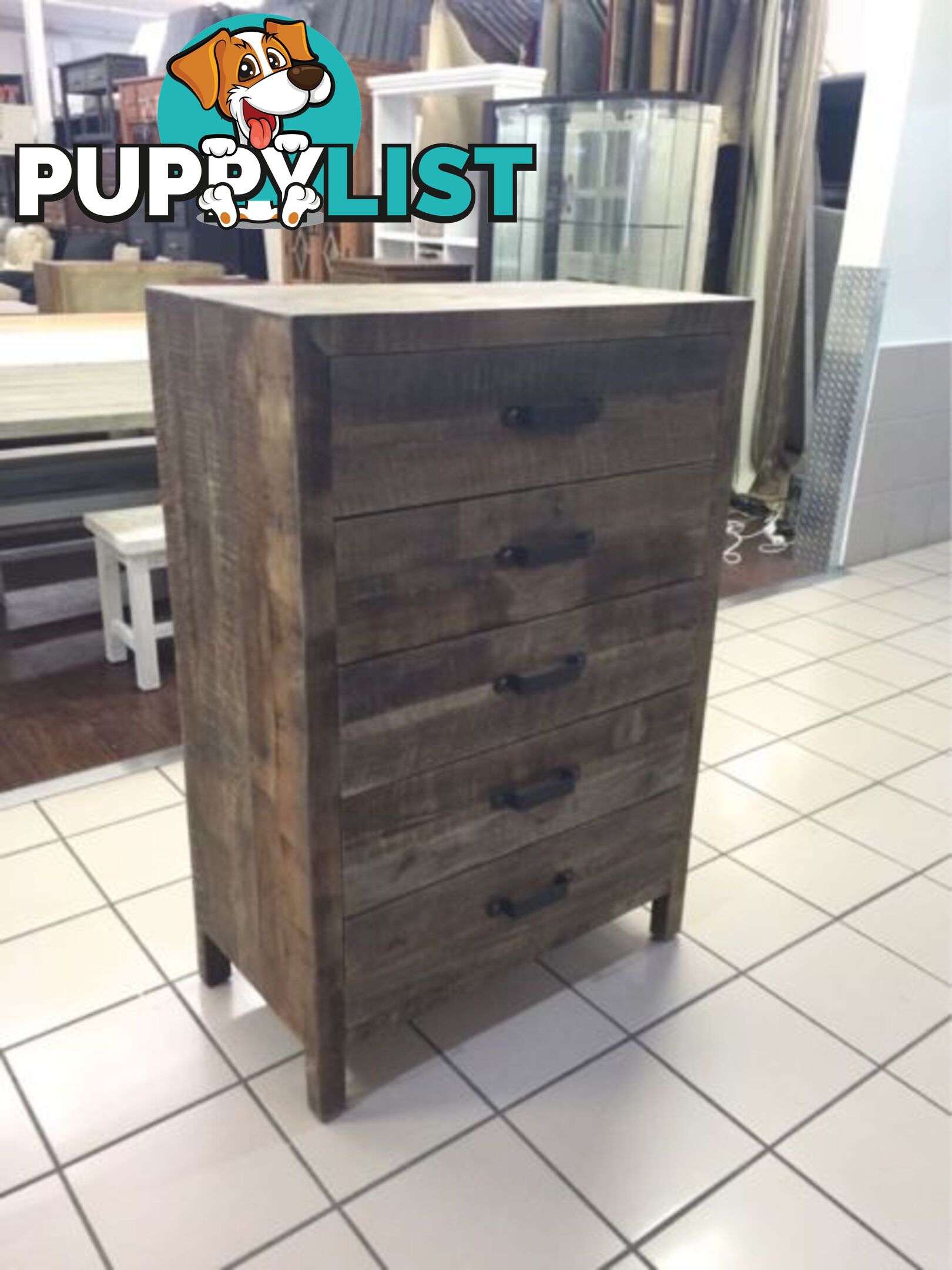 BRAND NEW - 5 DRAWER TALLBOY RECYCLED TIMBER