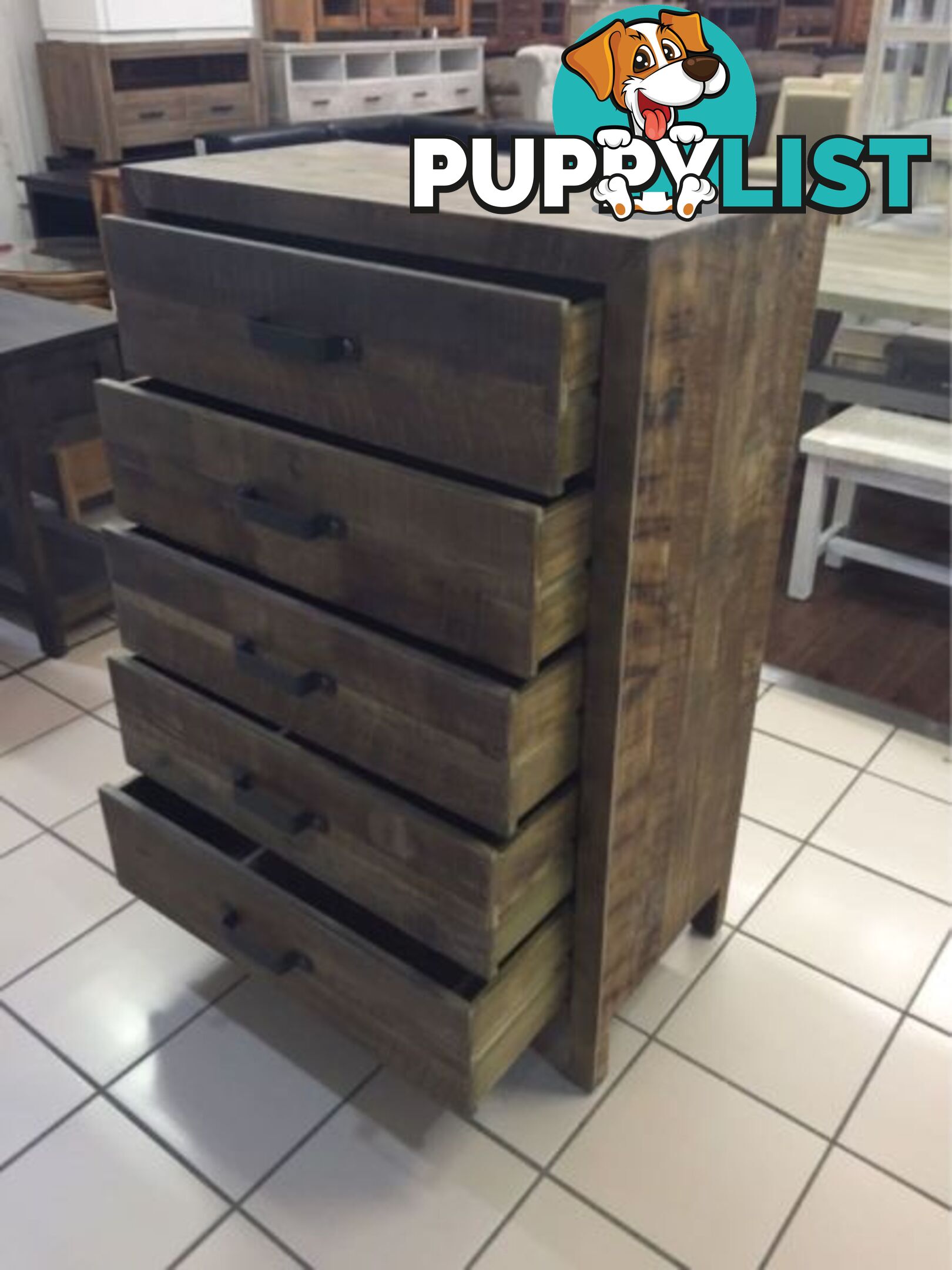 BRAND NEW - 5 DRAWER TALLBOY RECYCLED TIMBER