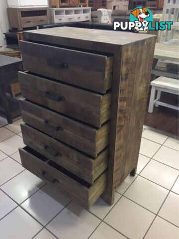 BRAND NEW - 5 DRAWER TALLBOY RECYCLED TIMBER