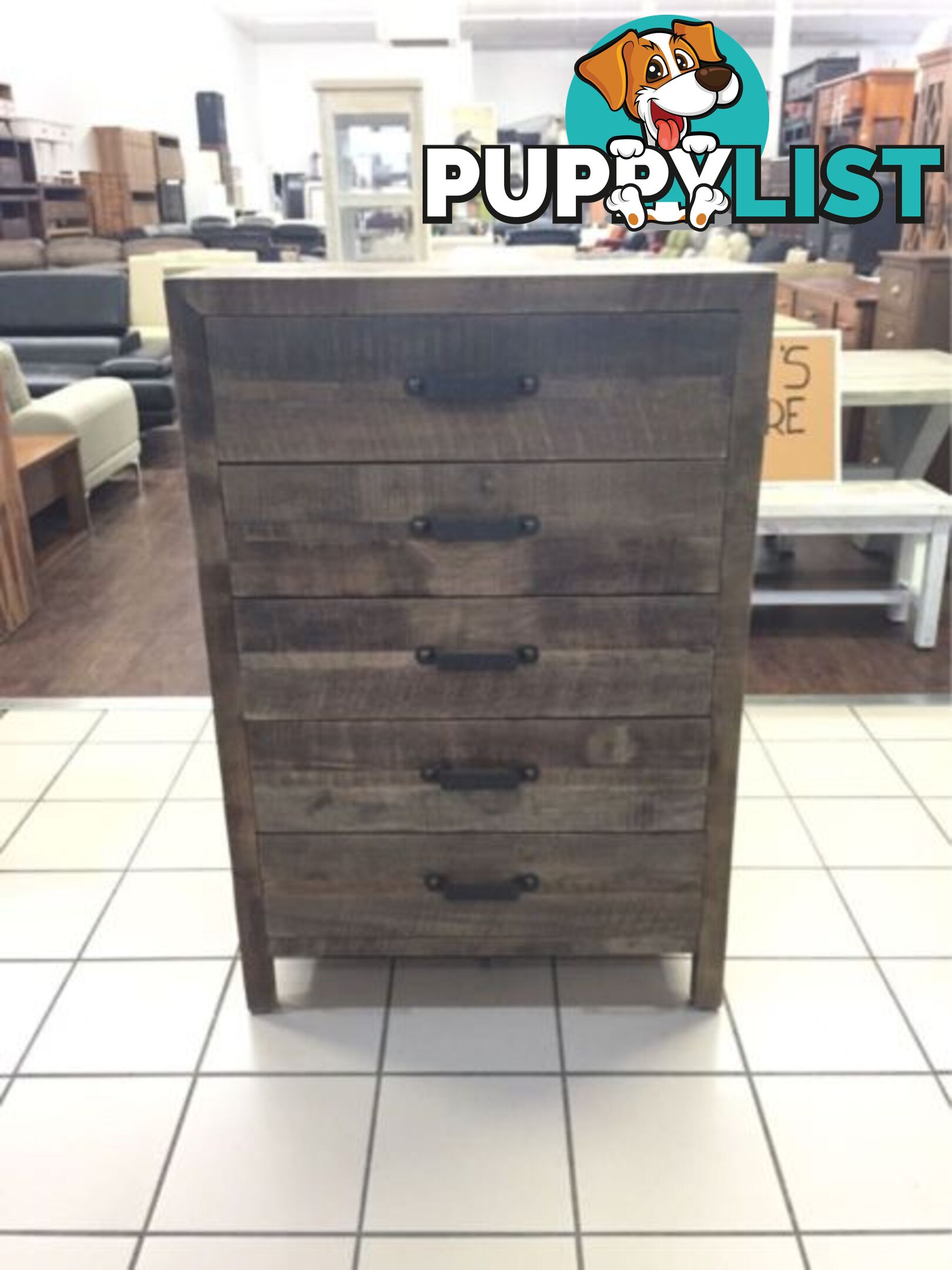 BRAND NEW - 5 DRAWER TALLBOY RECYCLED TIMBER