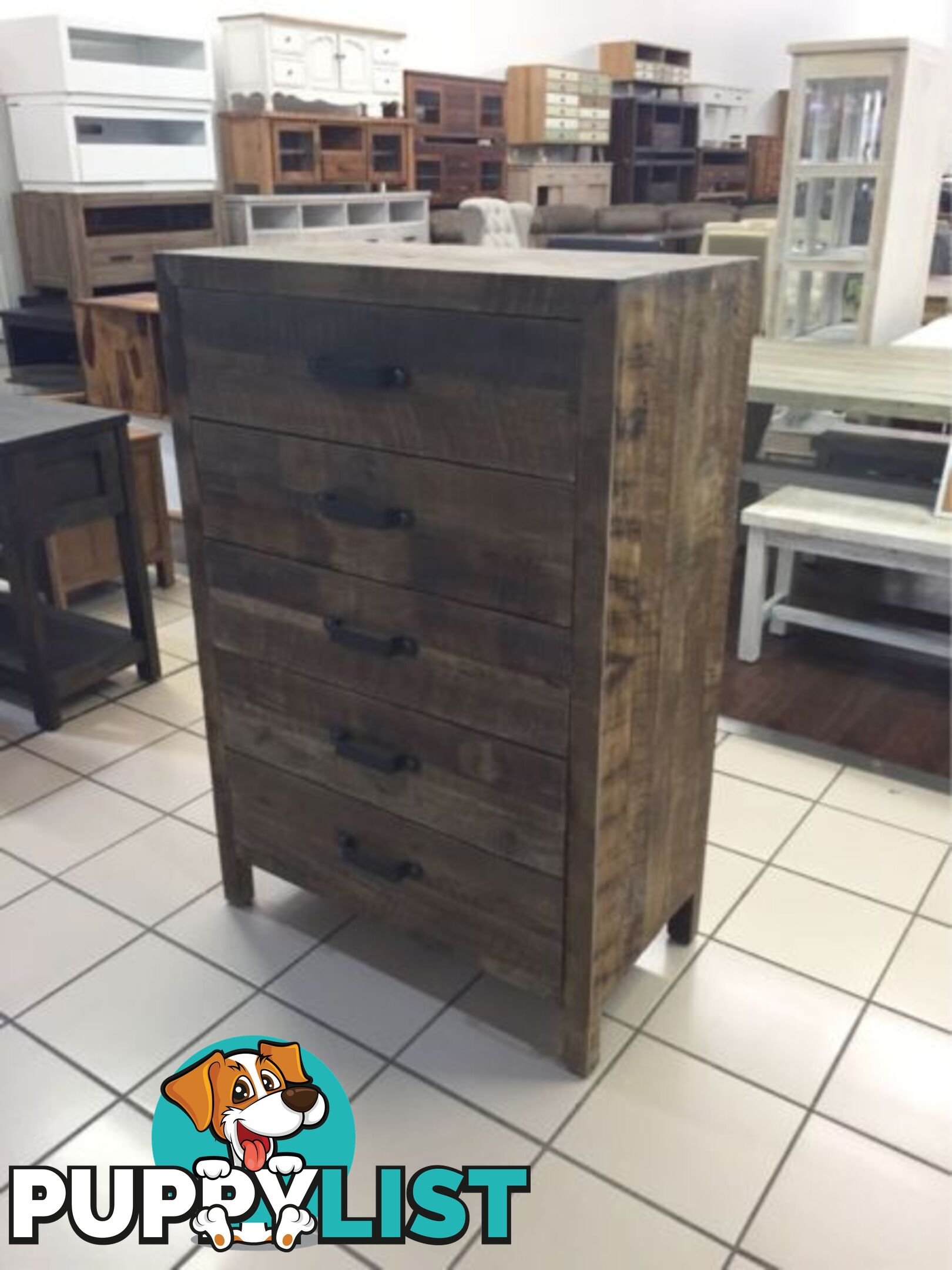 BRAND NEW - 5 DRAWER TALLBOY RECYCLED TIMBER