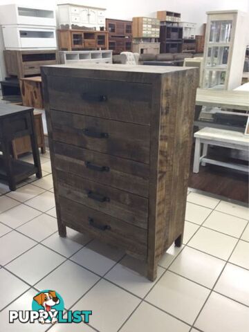 BRAND NEW - 5 DRAWER TALLBOY RECYCLED TIMBER