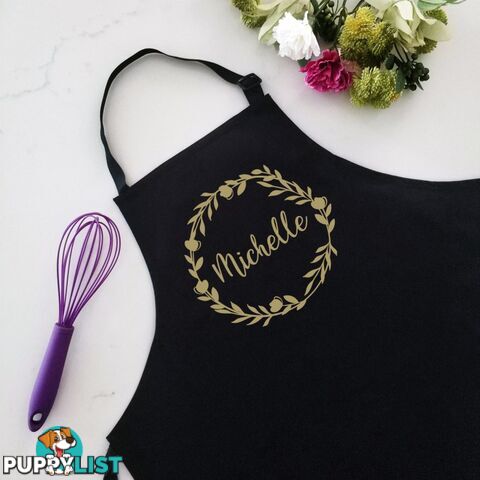 Personalised Black Apron Name with Wreath