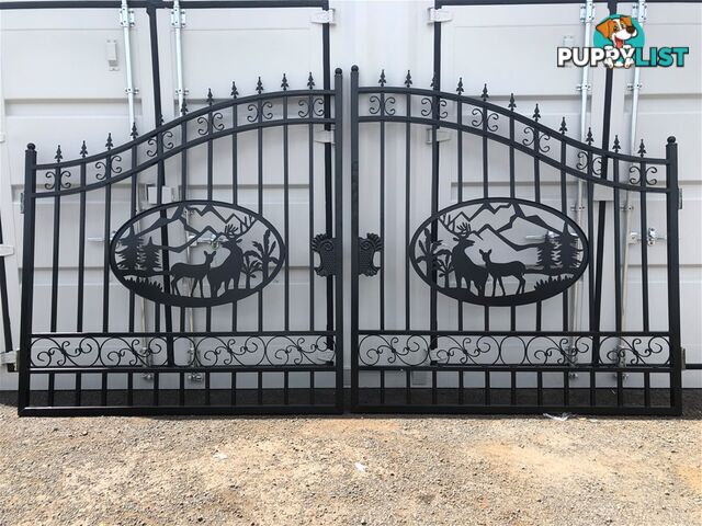 Set of 2 Small Unused Wrought Iron Style Gates with Wildlife Scene