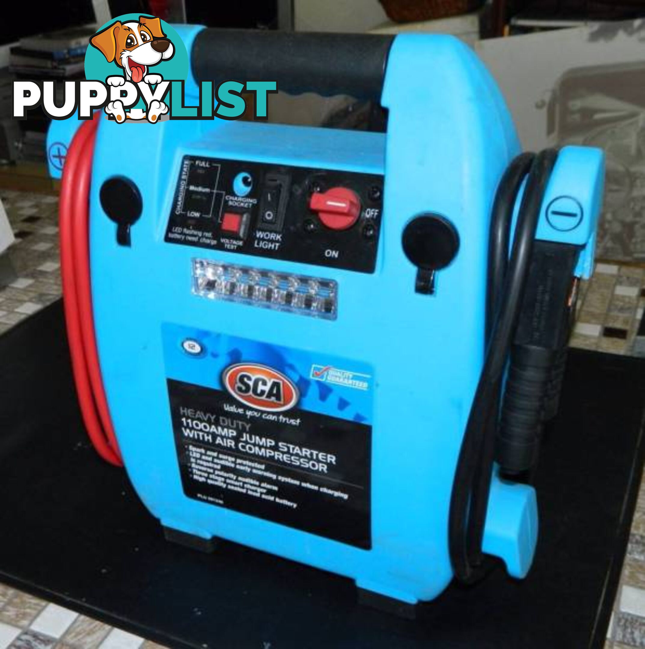 1100 Amp SCA Jumpstarter with Air Compressor and Attachments