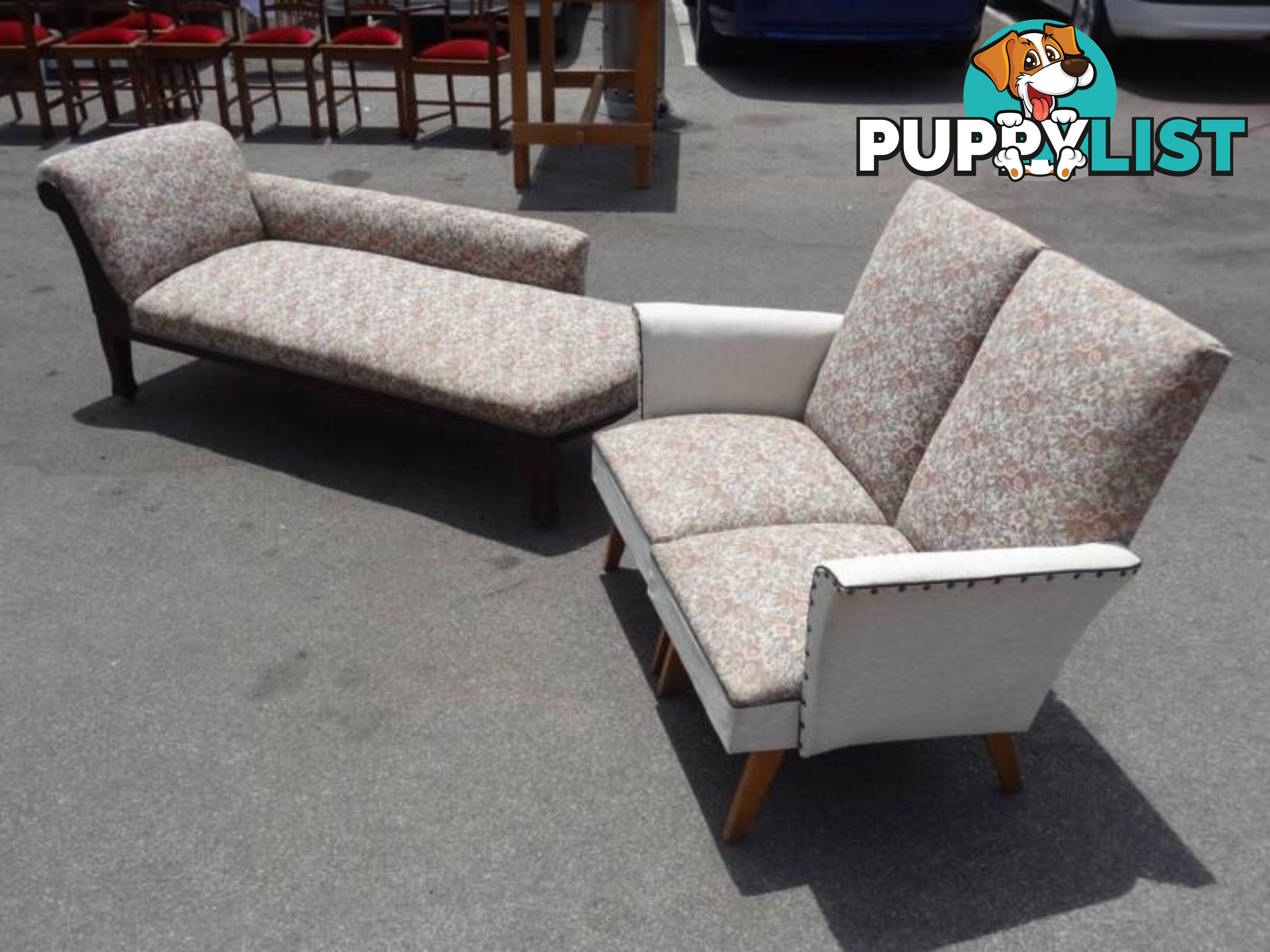 Vintage 1950's Chaise Lounge & Matching Fabric/Vinyl Armchairs