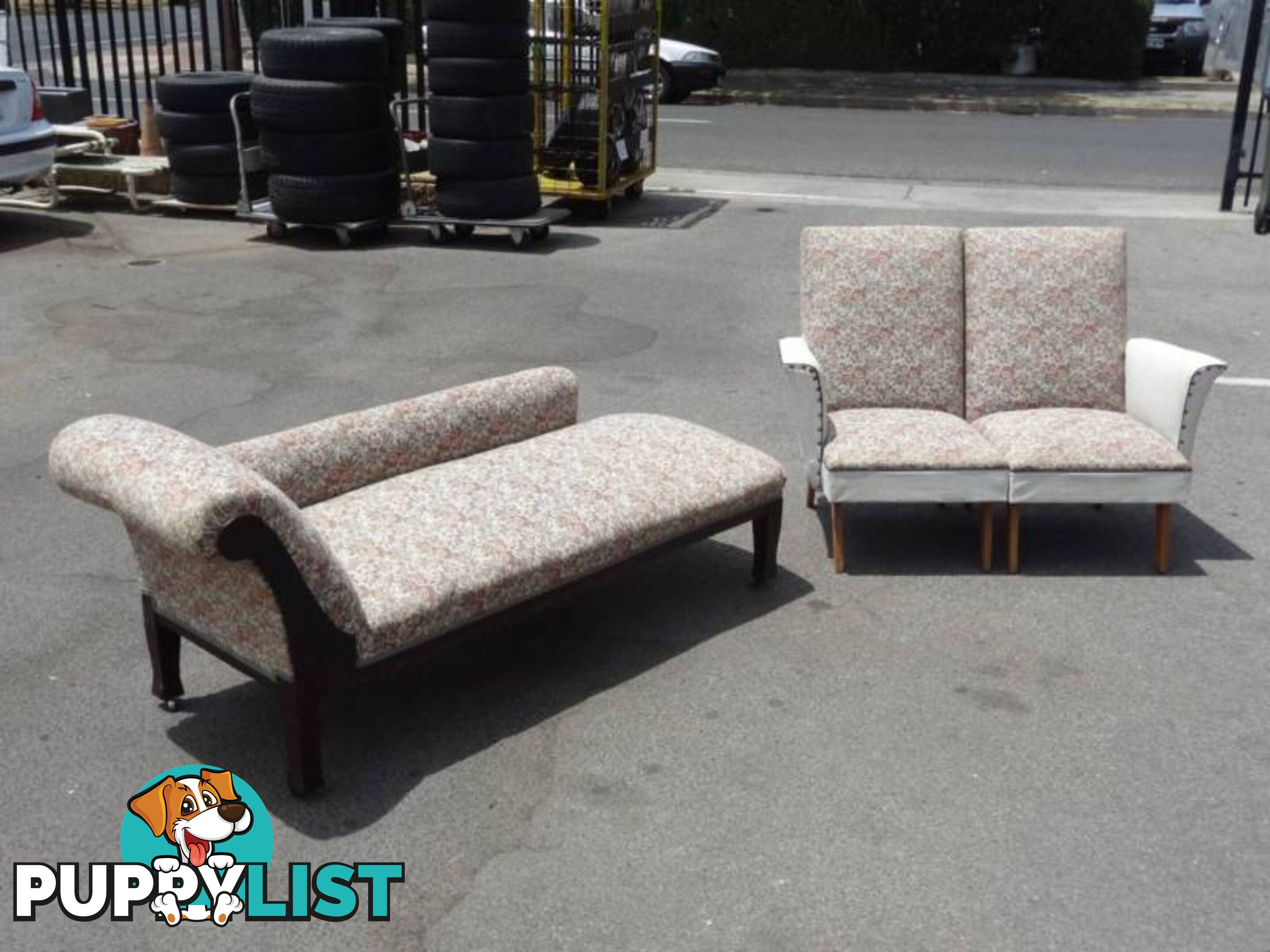 Vintage 1950's Chaise Lounge & Matching Fabric/Vinyl Armchairs