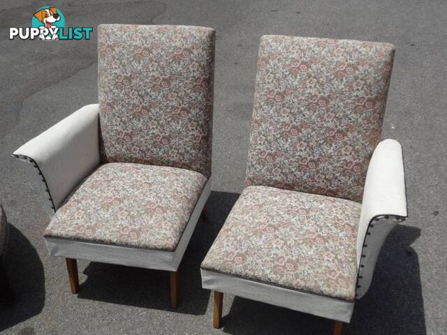 Vintage 1950's Chaise Lounge & Matching Fabric/Vinyl Armchairs