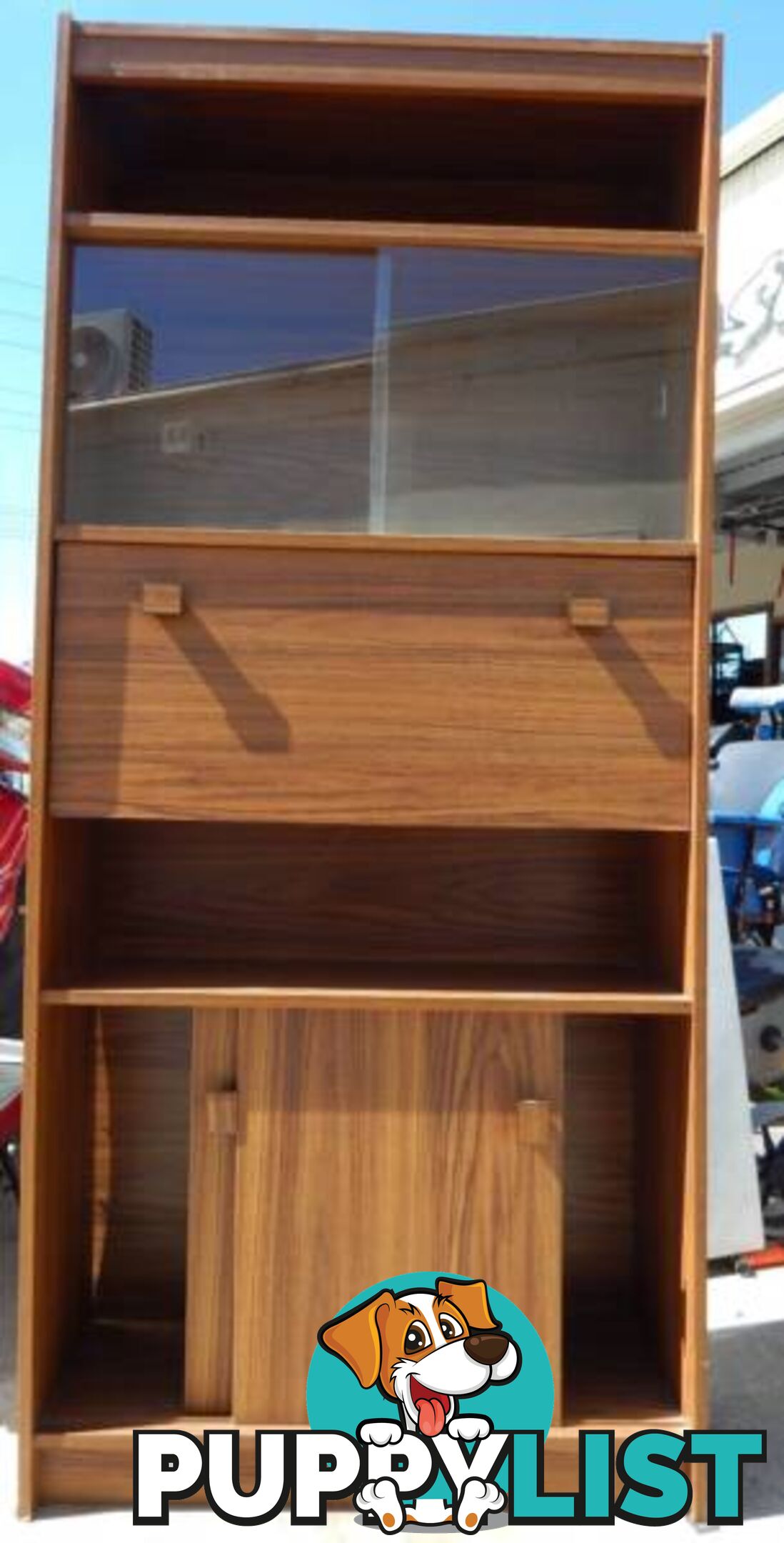 CABINET STORAGE DISPLAY WOOD LOOK GLASS DOORS SHELVES