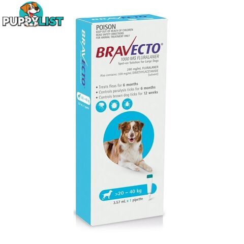 Bravecto Spot-On for Dogs - 6 Month Protection - 20 to 40kg (Blue) - 2415998