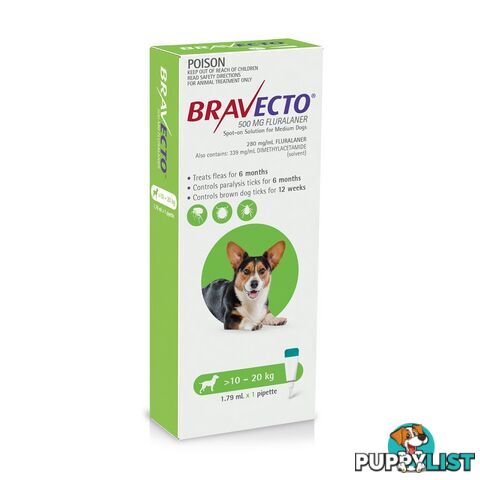 Bravecto Spot-On for Dogs - 6 Month Protection - 10 to 20kg (Green) - 2415980