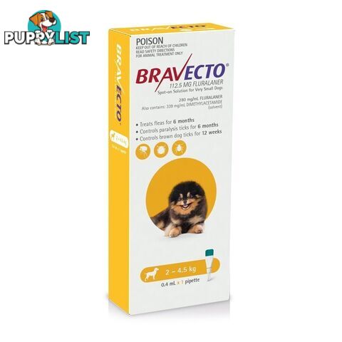 Bravecto Spot-On for Dogs - 6 Month Protection - 2 to 4.5kg (Yellow) - 2415963