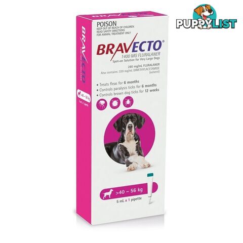 Bravecto Spot-On for Dogs - 6 Month Protection - 40 to 56kg (Pink) - 2416000