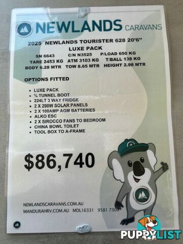 2025 NEWLANDS TOURISTER 628 LUX PACK CAFE LOUNGE CARAVAN