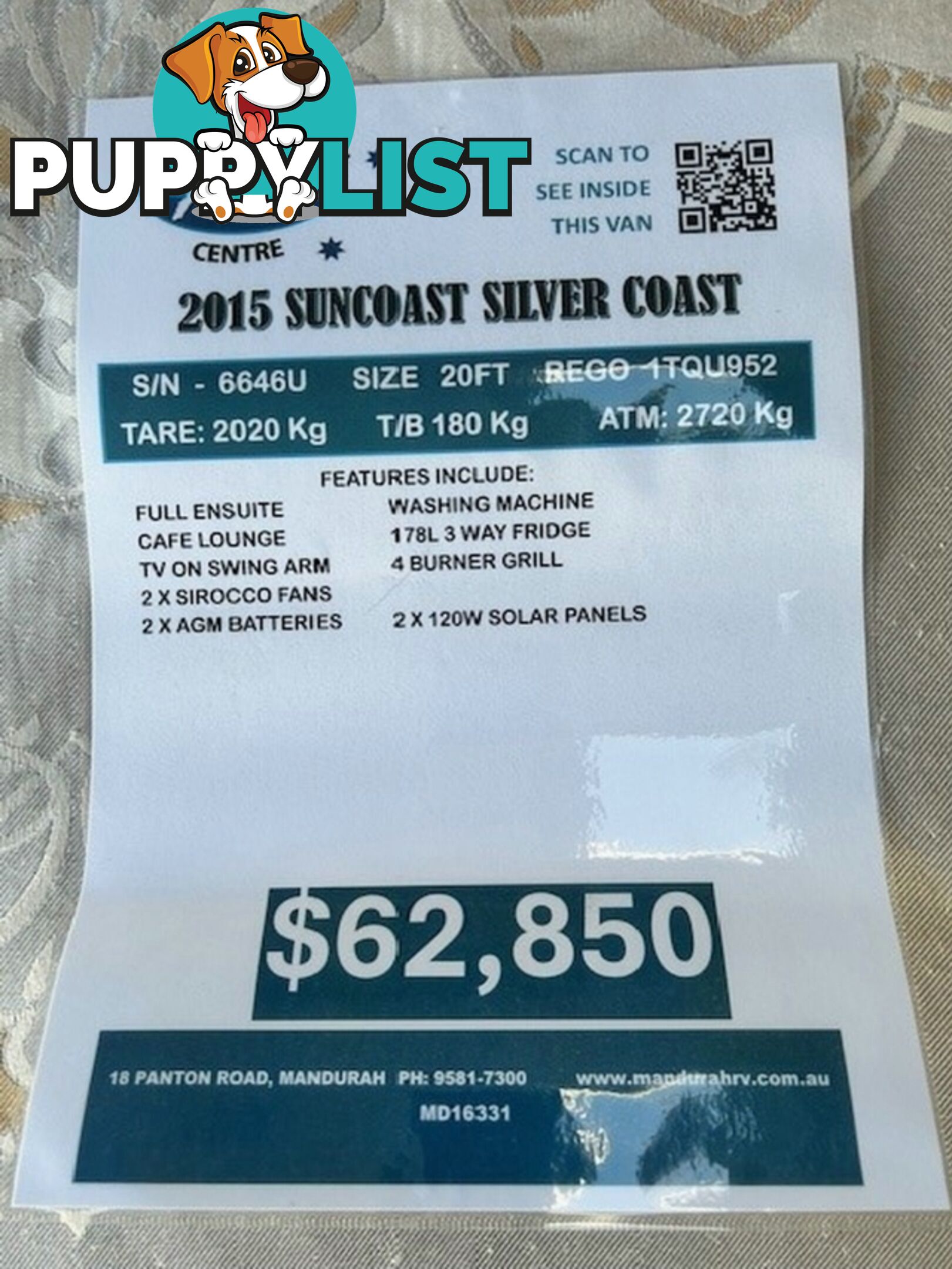 2015 SUNCOAST SILVER COAST CAFE LOUNGE CARAVAN