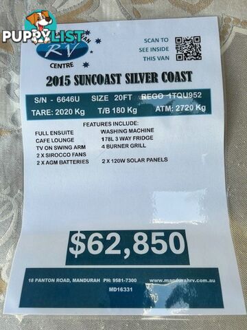 2015 SUNCOAST SILVER COAST CAFE LOUNGE CARAVAN
