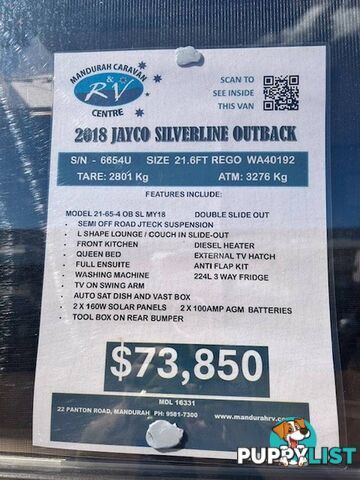 2018 JAYCO SILVERLINE DOUBLE SLIDE 21-65-4OB.MY18 SEMI SLIDE-ON CAMPER