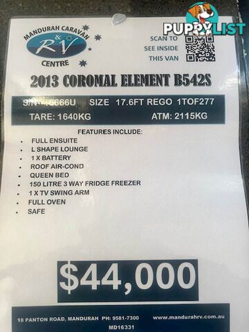 2013 COROMAL ELEMENT B542S QUEEN BED CARAVAN