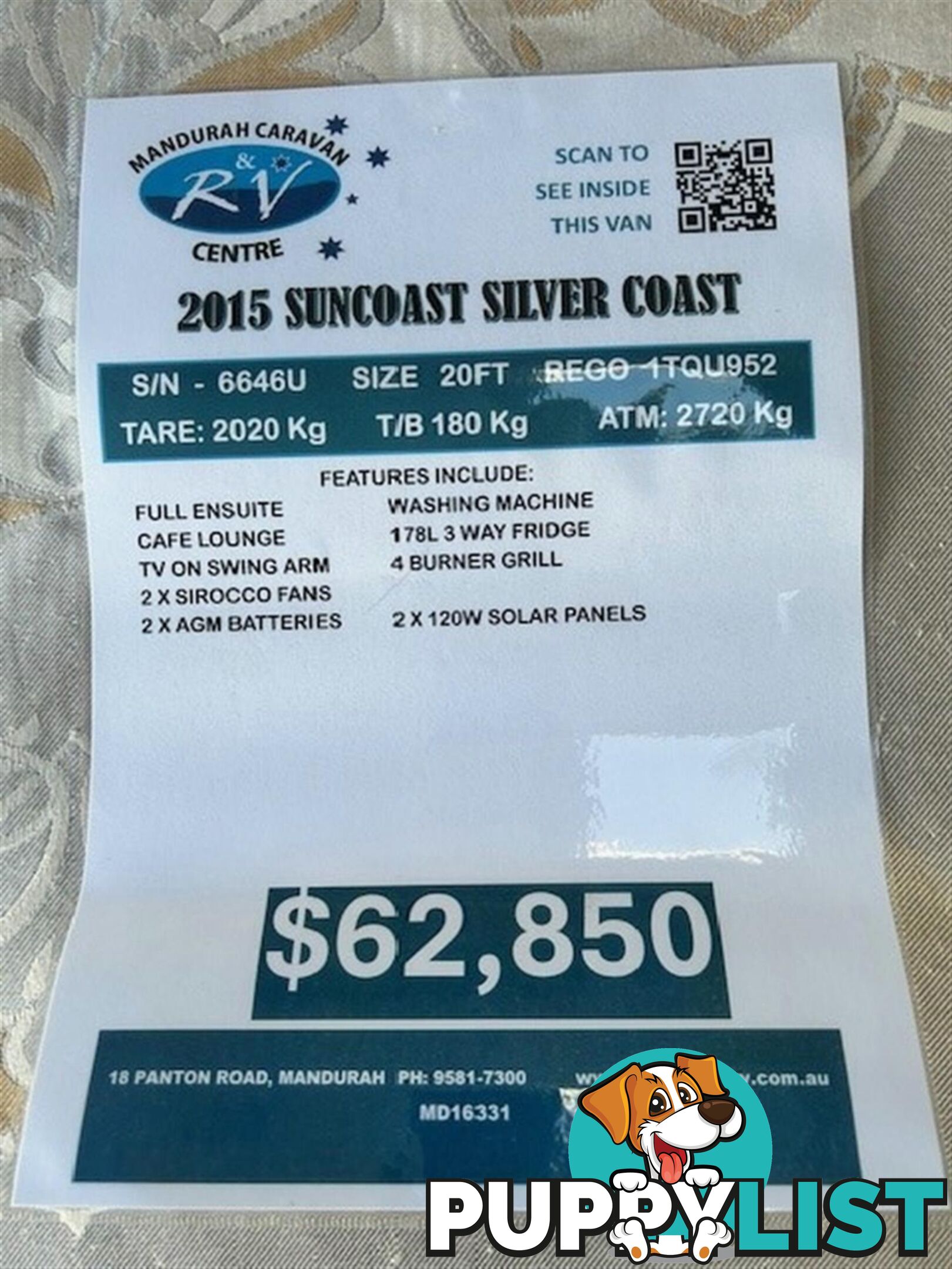 2015 SUNCOAST SILVER COAST CAFE LOUNGE CARAVAN