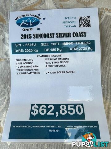 2015 SUNCOAST SILVER COAST CAFE LOUNGE CARAVAN