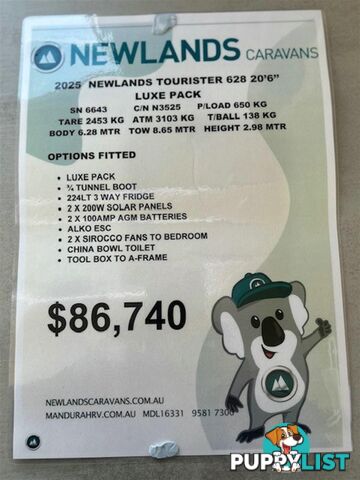 2025 NEWLANDS TOURISTER 628 LUX PACK CAFE LOUNGE CARAVAN